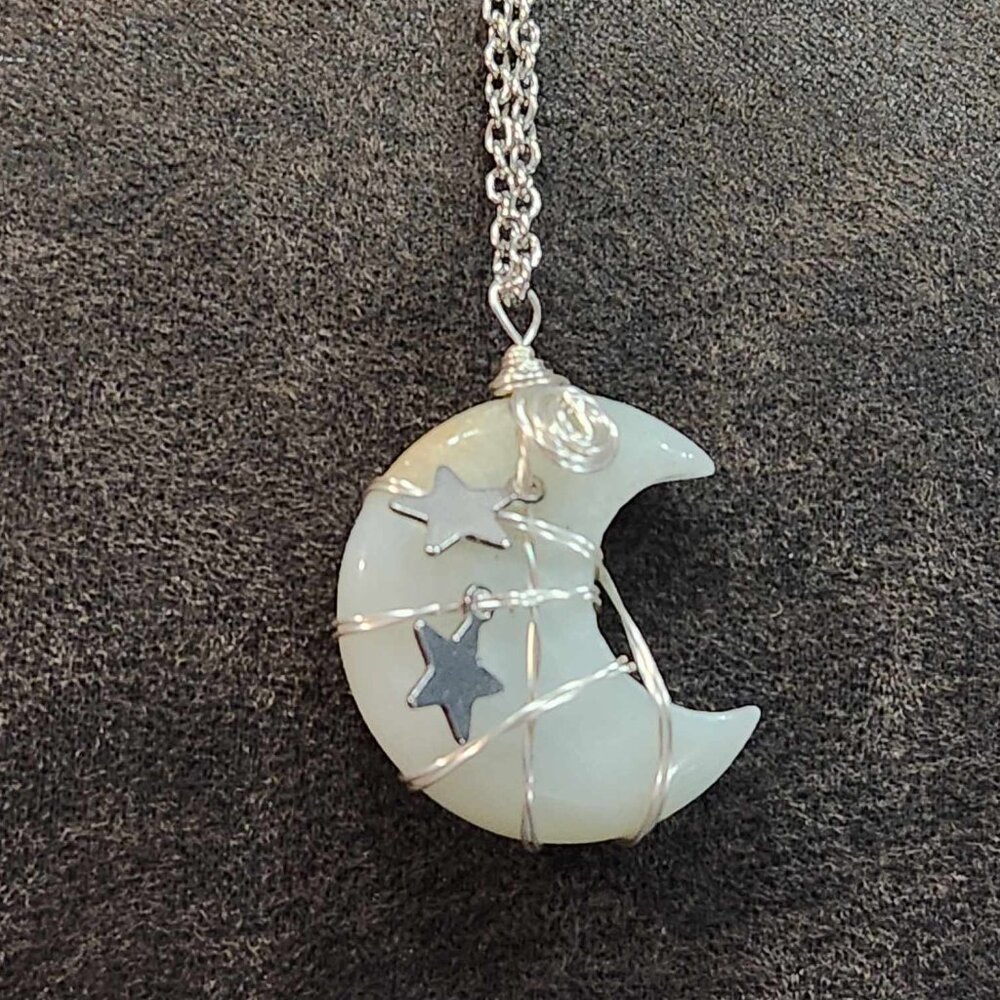 Silver Opalite Moon Wire Wrapped Crystal Necklace - image 1